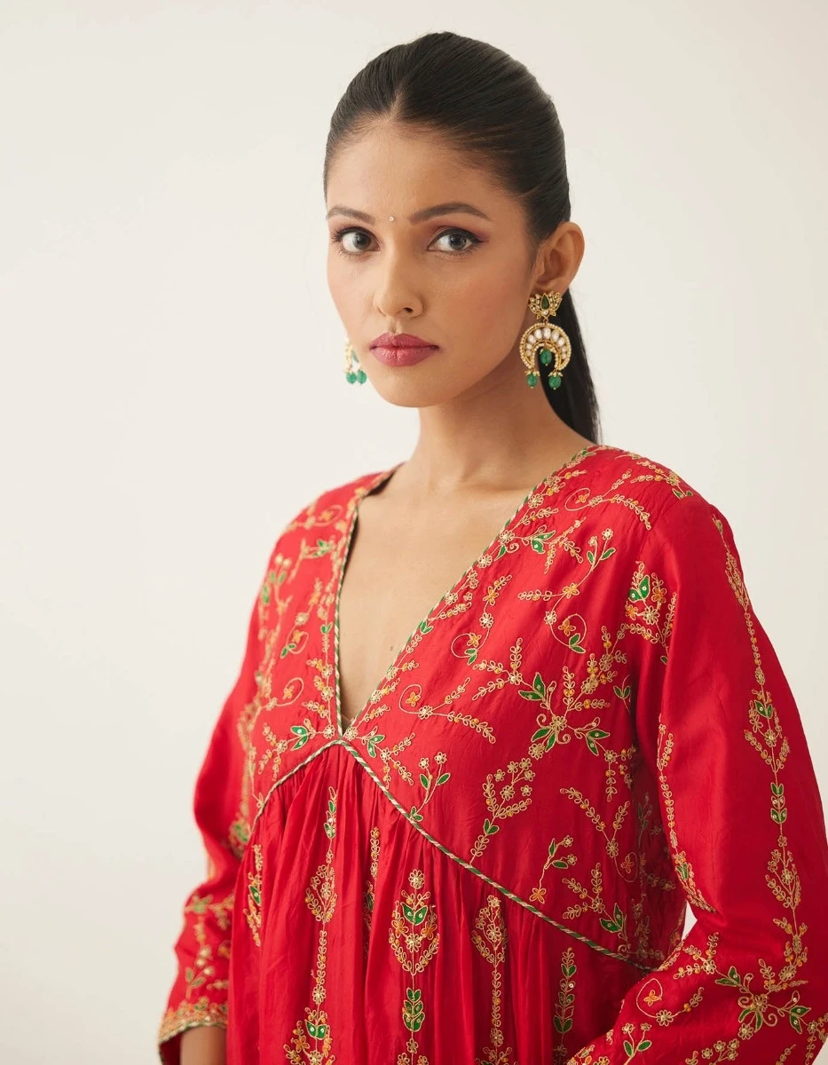 Red Silk Embroidered Kurta Dress Set 7 Red Silk Embroidered Kurta Dress Set - Image 5