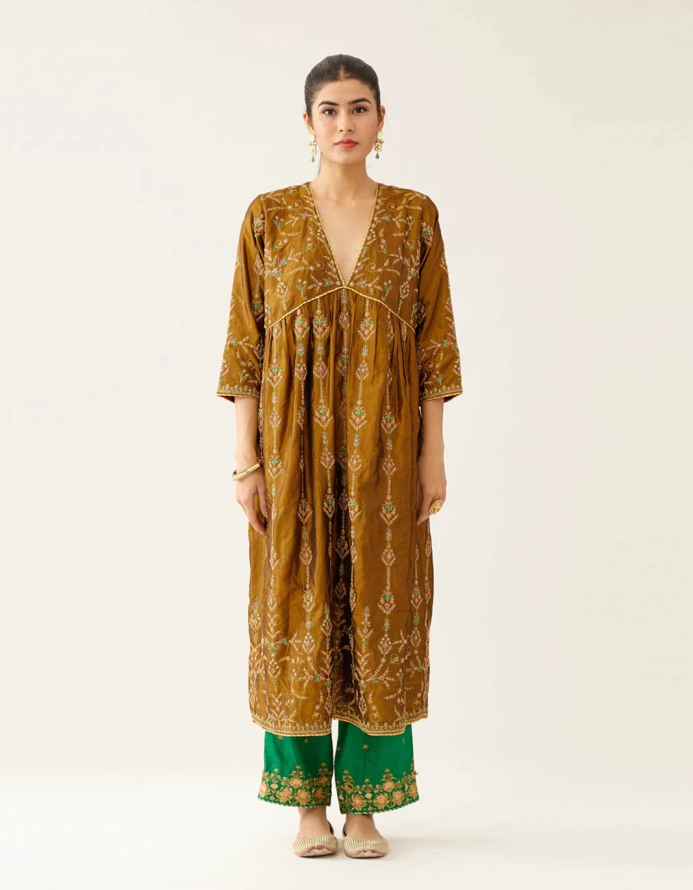 Golden Olive Silk Embroidered Kurta Dress Set 4 Golden Olive Silk Embroidered Kurta Dress Set - Image 2