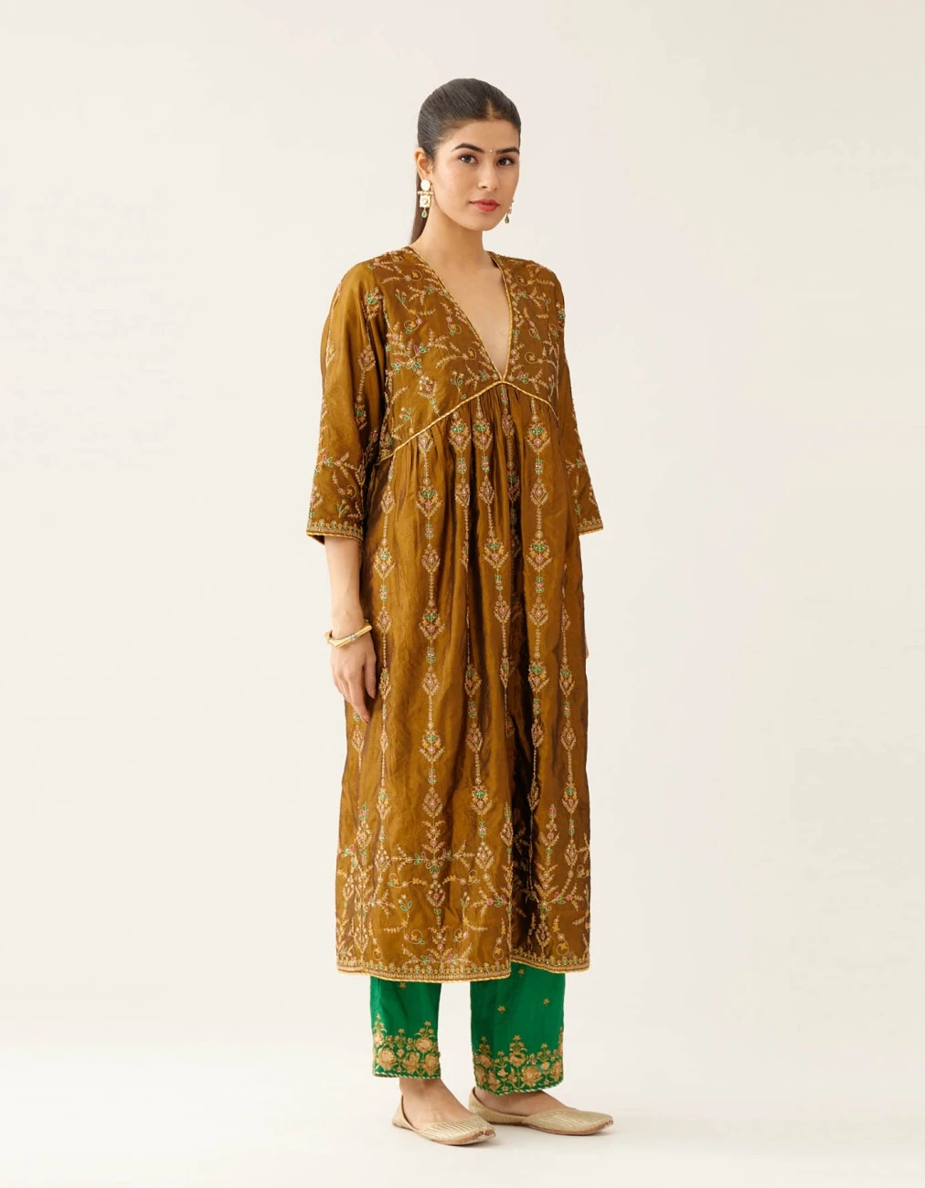 Golden Olive Silk Embroidered Kurta Dress Set 5 Golden Olive Silk Embroidered Kurta Dress Set - Image 3