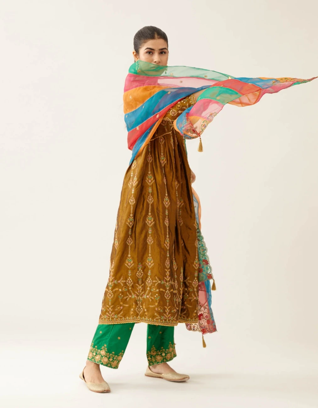 Golden Olive Silk Embroidered Kurta Dress Set 7 Golden Olive Silk Embroidered Kurta Dress Set - Image 5