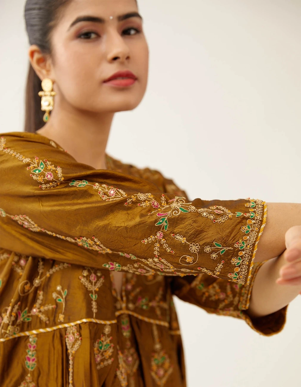 Golden Olive Silk Embroidered Kurta Dress Set 8 Golden Olive Silk Embroidered Kurta Dress Set - Image 6