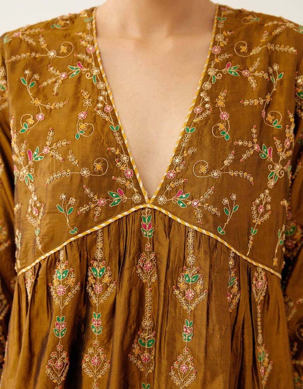 Golden Olive Silk Embroidered Kurta Dress Set 9 Golden Olive Silk Embroidered Kurta Dress Set - Image 7