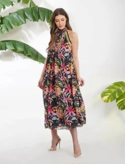 Black Tropical Flower Printed Dress -Ethereal Styles dmrk21169 4