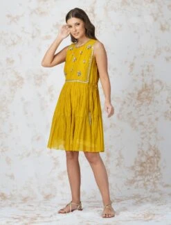 Mustard Antique Work Tiered Dress -Ethereal Styles dmss222092