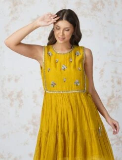 Mustard Antique Work Tiered Dress -Ethereal Styles dmss222093