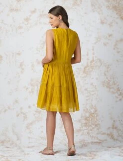 Mustard Antique Work Tiered Dress -Ethereal Styles dmss22209b