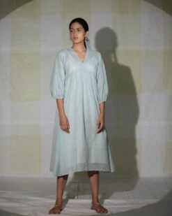 Icy Blue Hand Embroidered Gathered Dress -Ethereal Styles dpasd042
