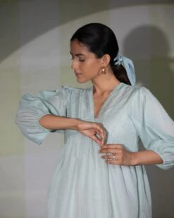 Icy Blue Hand Embroidered Gathered Dress -Ethereal Styles dpasd043