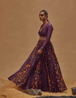 Purple Mix Print Shawl Collar Maxi Dress -Ethereal Styles dzs032