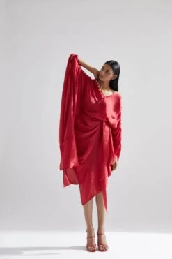 Red Echo Peony Draped Dress -Ethereal Styles ess000152