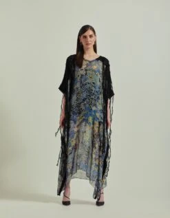 Georgette Printed Kaftan Dress Embellished With Lace Embroidery