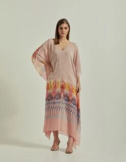 Amber Peach Half Texture And Printed Long Kaftan Dress