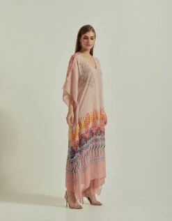 Amber Peach Half Texture And Printed Long Kaftan Dress -Ethereal Styles fw231383