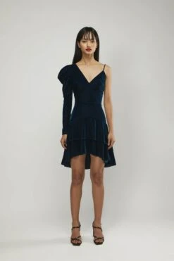 Emerald Green One Shoulder Full Sleeves Short Dress