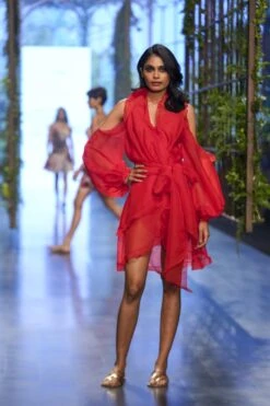 Cold Shoulder Dress With Overlapping Neck And Ruffled Detailing -Ethereal Styles gndss23022