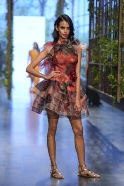 Backless Drop Waisted Mini Dress With Ruffled Hem And Neckline -Ethereal Styles gndss23132