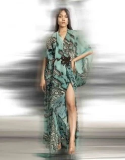Coastal Reef Printed Heat Textured Assymetric Draped Dress