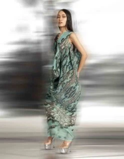 Coastal Reef Printed And Textured Draped V-Neck Dress With Front Cowl -Ethereal Styles hdr042 2