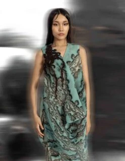 Coastal Reef Printed And Textured Draped V-Neck Dress With Front Cowl -Ethereal Styles hdr043 2