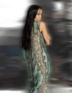 Coastal Reef Printed And Textured Draped V-Neck Dress With Front Cowl -Ethereal Styles hdr044
