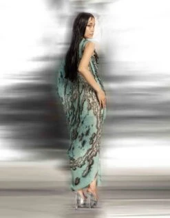 Coastal Reef Printed And Textured Draped V-Neck Dress With Front Cowl -Ethereal Styles hdr04b 2