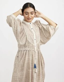 White Midi Dress Comes With Mandarin Collar Neck And Voluminous Sleeves -Ethereal Styles jgd09wh3