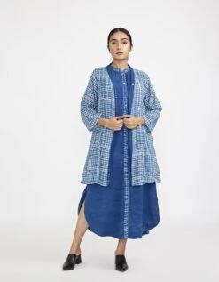 Blue Two Piece Dress Set With Solid Button Down Sleeveless Dress