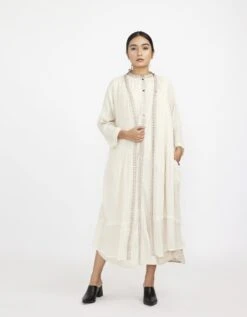 White Two Piece Sleeveless Dress Set With Solid Button Down