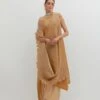 Gold Pleated Drape With Motif And Tassel Detail With Jersey Long Dress With Collar Detail 1 Gold Pleated Drape With Motif And Tassel Detail With Jersey Long Dress With Collar Detail -Ethereal Styles kgob09230141