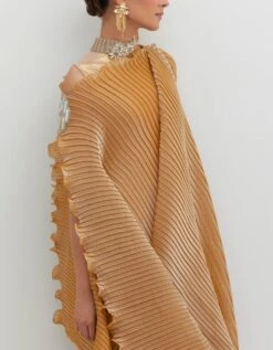 Gold Pleated Drape With Motif And Tassel Detail With Jersey Long Dress With Collar Detail -Ethereal Styles kgob09230144