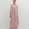 Salmon Pink Pleated Drape With Motif And Tassel Detail With Jersey Long Dress With Collar Detail -Ethereal Styles kgob09230151