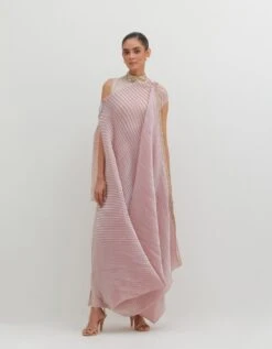 Salmon Pink Pleated Drape With Motif And Tassel Detail With Jersey Long Dress With Collar Detail