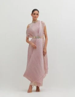 Salmon Pink Pleated Drape With Motif And Tassel Detail With Jersey Long Dress With Collar Detail -Ethereal Styles kgob09230153