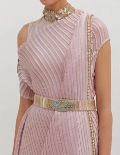 Salmon Pink Pleated Drape With Motif And Tassel Detail With Jersey Long Dress With Collar Detail -Ethereal Styles kgob09230154