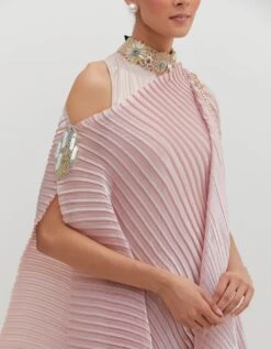 Salmon Pink Pleated Drape With Motif And Tassel Detail With Jersey Long Dress With Collar Detail -Ethereal Styles kgob09230155