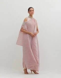 Salmon Pink Pleated Drape With Motif And Tassel Detail With Jersey Long Dress With Collar Detail -Ethereal Styles kgob09230156