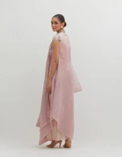 Salmon Pink Pleated Drape With Motif And Tassel Detail With Jersey Long Dress With Collar Detail -Ethereal Styles kgob0923015b