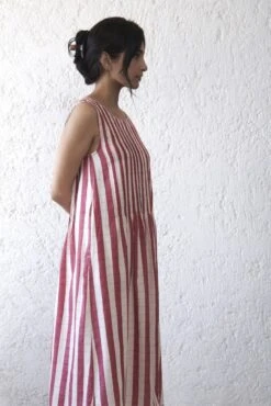 Kora Crimson Bold Stripe Smock Shift Dress -Ethereal Styles kmdr037bldrkocr3