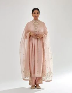 Pink Silk Chanderi Kurta-Dress Set With Zari, Dori And Gota Embroidery