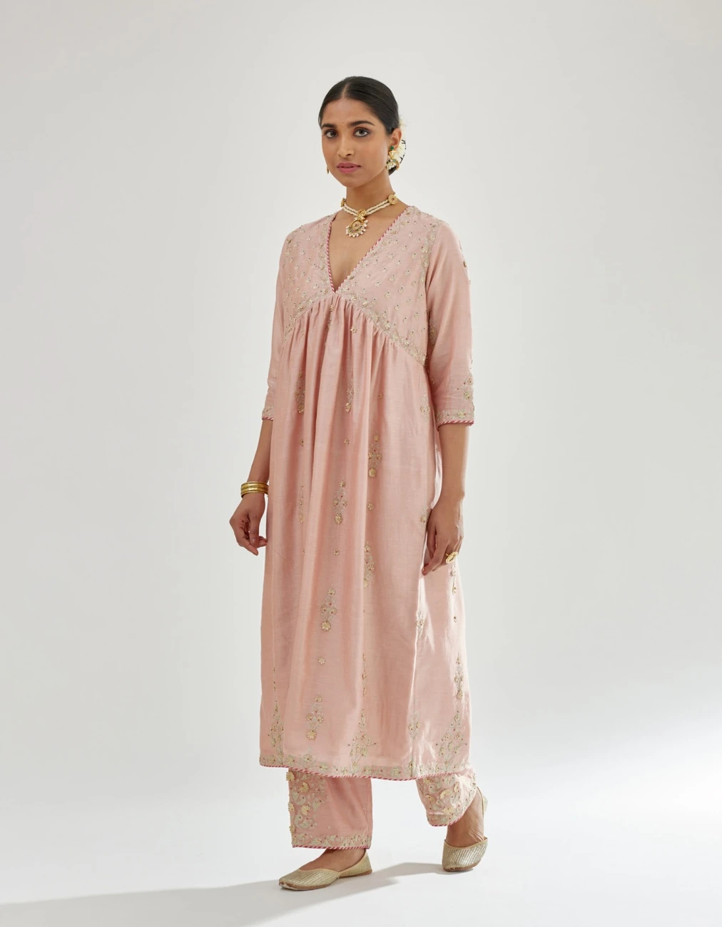 Pink Silk Chanderi Kurta-Dress Set With Zari, Dori And Gota Embroidery 4 Pink Silk Chanderi Kurta-Dress Set With Zari, Dori And Gota Embroidery - Image 2