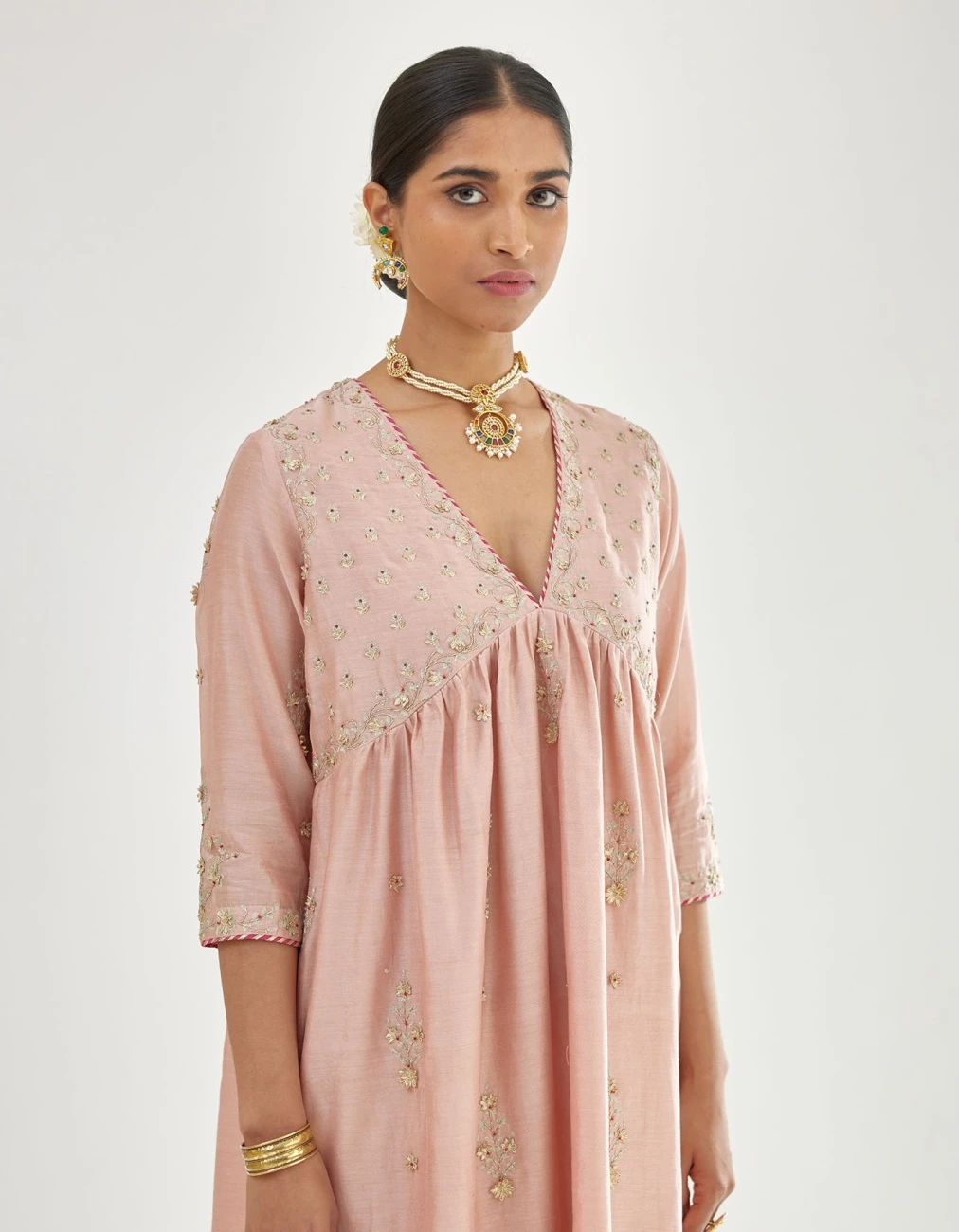 Pink Silk Chanderi Kurta-Dress Set With Zari, Dori And Gota Embroidery 6 Pink Silk Chanderi Kurta-Dress Set With Zari, Dori And Gota Embroidery - Image 4