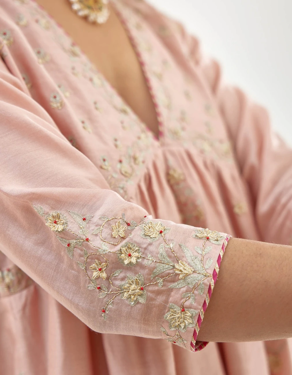 Pink Silk Chanderi Kurta-Dress Set With Zari, Dori And Gota Embroidery 7 Pink Silk Chanderi Kurta-Dress Set With Zari, Dori And Gota Embroidery - Image 5