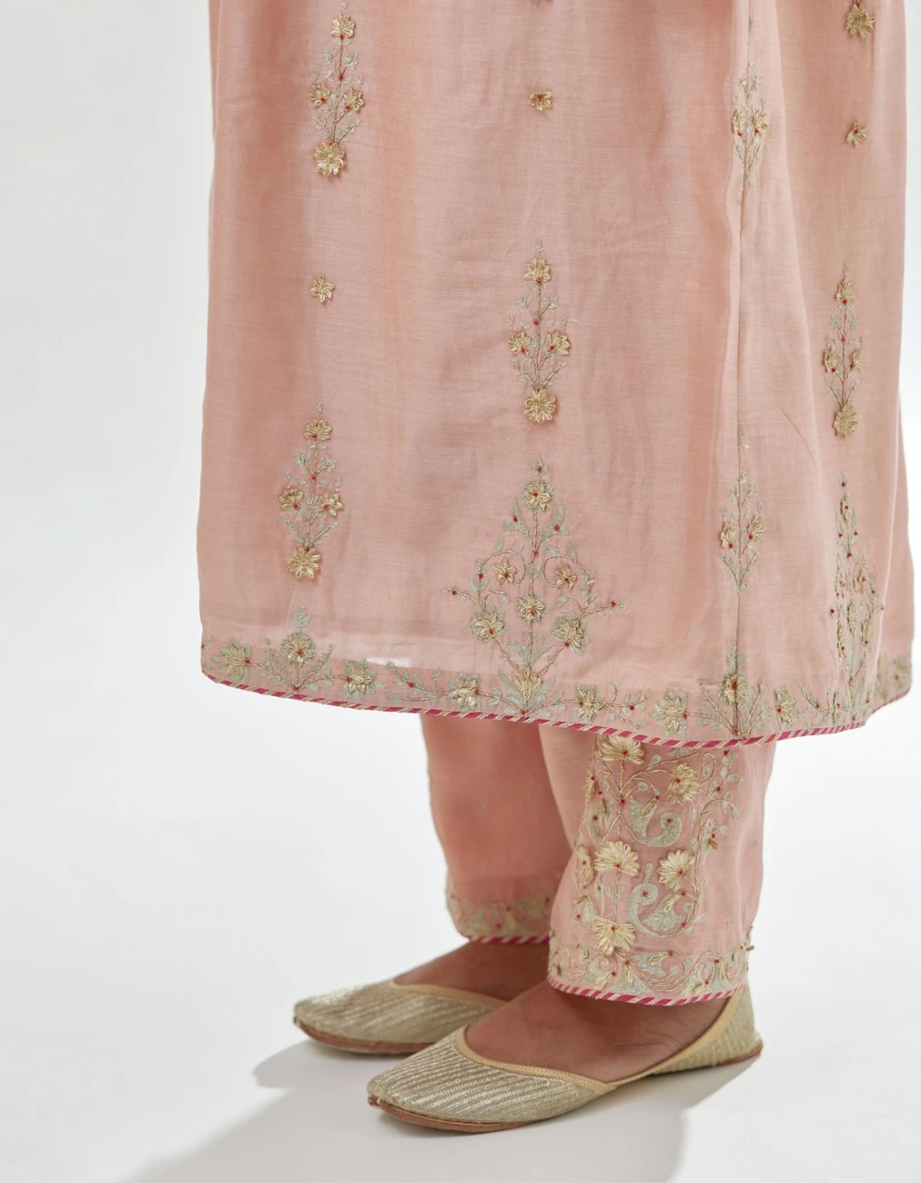 Pink Silk Chanderi Kurta-Dress Set With Zari, Dori And Gota Embroidery 8 Pink Silk Chanderi Kurta-Dress Set With Zari, Dori And Gota Embroidery - Image 6