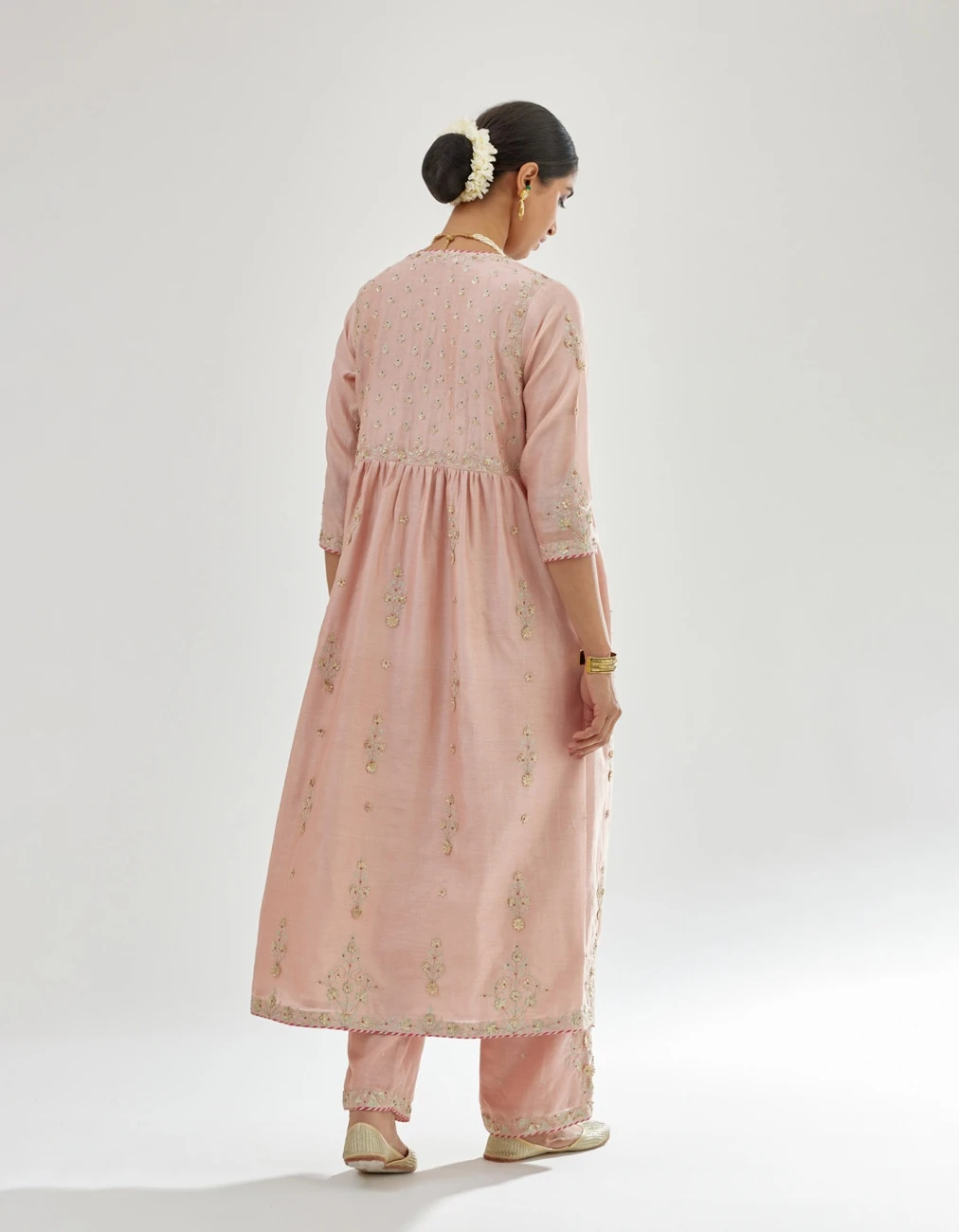 Pink Silk Chanderi Kurta-Dress Set With Zari, Dori And Gota Embroidery 9 Pink Silk Chanderi Kurta-Dress Set With Zari, Dori And Gota Embroidery - Image 7
