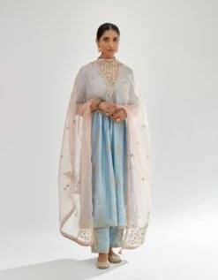 Blue Silk Chanderi Kurta-dress Set With Zari, Dori And Gota Embroidery