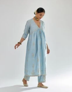 Blue Silk Chanderi Kurta-dress Set With Zari, Dori And Gota Embroidery -Ethereal Styles kn06b3
