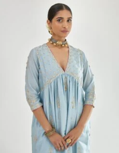 Blue Silk Chanderi Kurta-dress Set With Zari, Dori And Gota Embroidery -Ethereal Styles kn06b4
