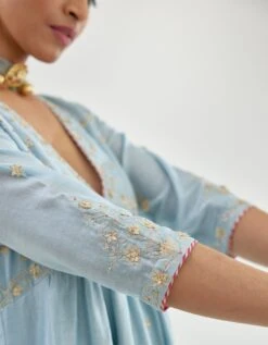 Blue Silk Chanderi Kurta-dress Set With Zari, Dori And Gota Embroidery -Ethereal Styles kn06b5