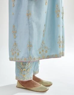 Blue Silk Chanderi Kurta-dress Set With Zari, Dori And Gota Embroidery -Ethereal Styles kn06b6