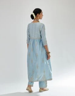 Blue Silk Chanderi Kurta-dress Set With Zari, Dori And Gota Embroidery -Ethereal Styles kn06bb